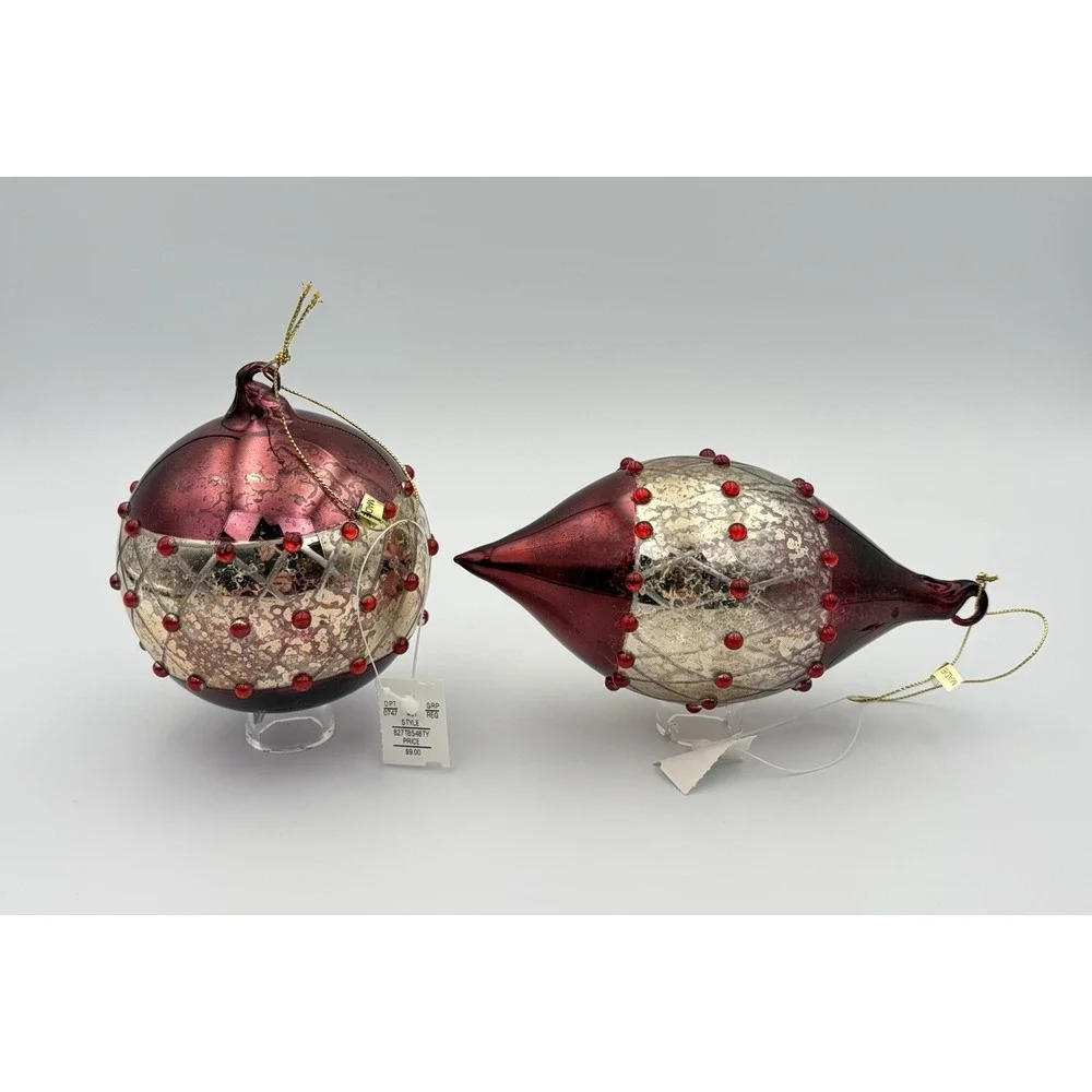 Dillards Trimmings Vintage Mercury Glass Christmas Ornaments Burgundy Gold Set 2